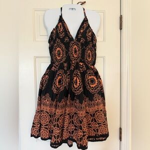 Nolita Black & Orange Halter Dress | 100% Cotton | Beaded Boho Festival